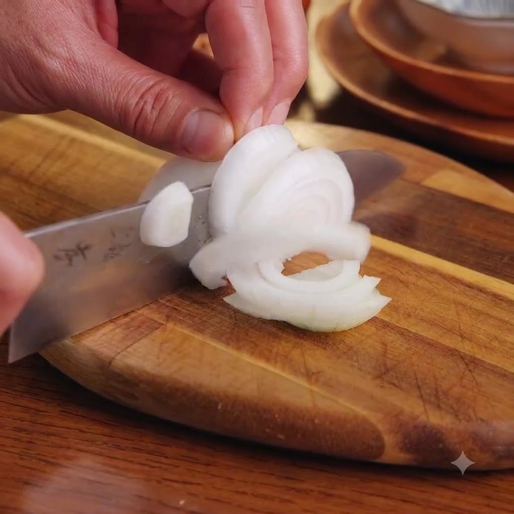 Cortando finamente la mitad de una cebolla blanca en una tabla de cortar de madera con un cuchillo.
