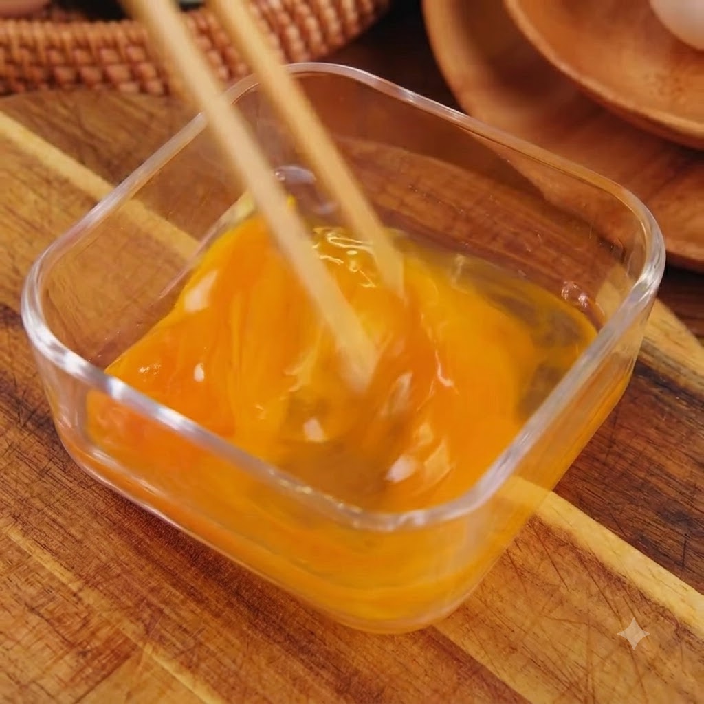 Dos huevos crudos siendo batidos suavemente con palillos dentro de un tazón cuadrado transparente.