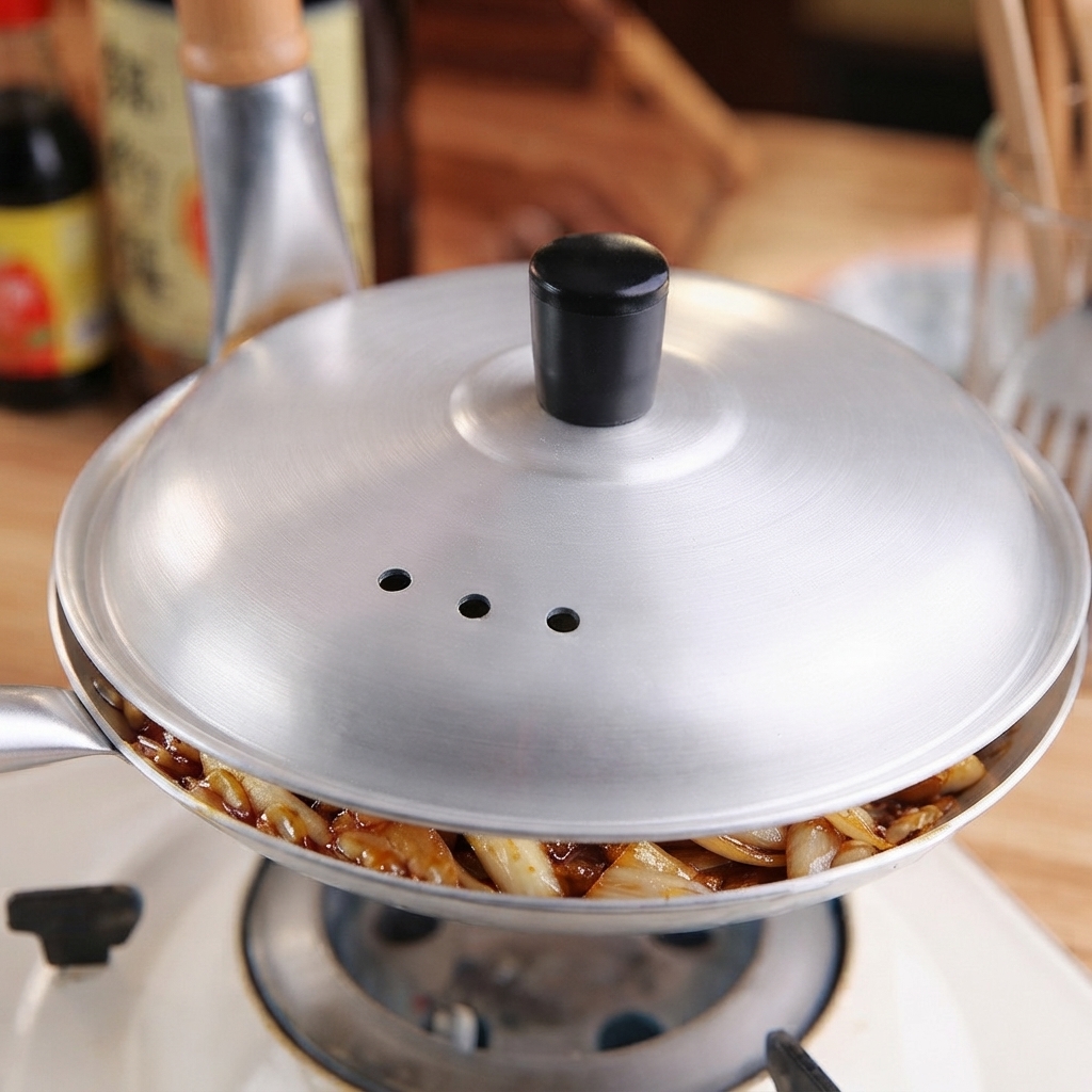 Una tapa de metal siendo colocada encima de una sartén de cocina pequeña que contiene el plato de cerdo y huevo hirviendo a fuego lento.