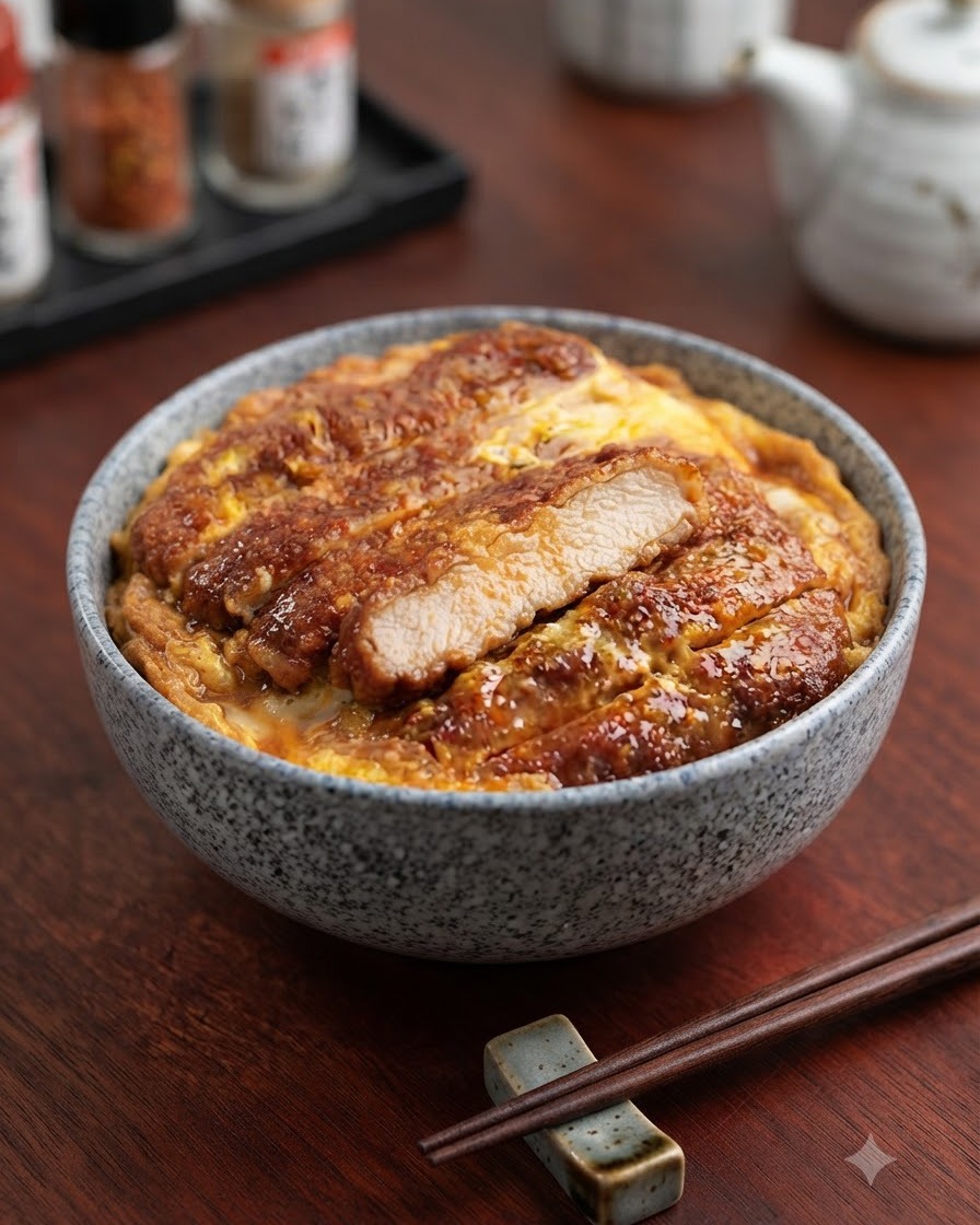 Un tazón de arroz con chuleta de cerdo japonesa terminado y adornado con cebollinas, presentado en un tazón de cerámica moteado.