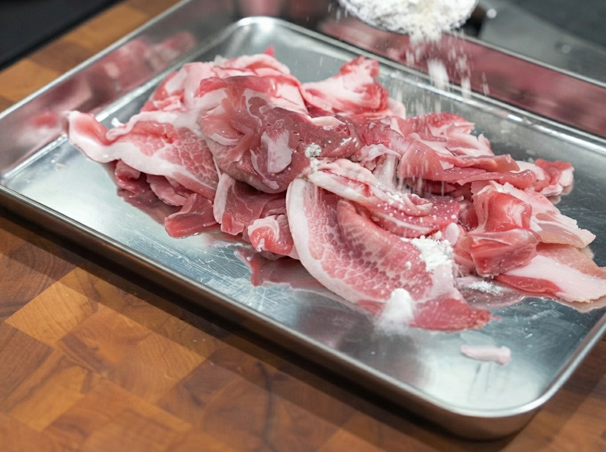 Cerdo cortado finamente en una bandeja metálica siendo espolvoreado con harina.