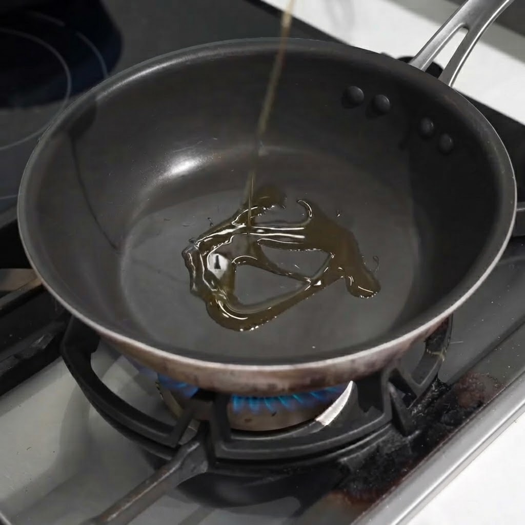 Rodajas de ajo cociéndose en una sartén con aceite de sésamo sobre la llama de la hornilla.