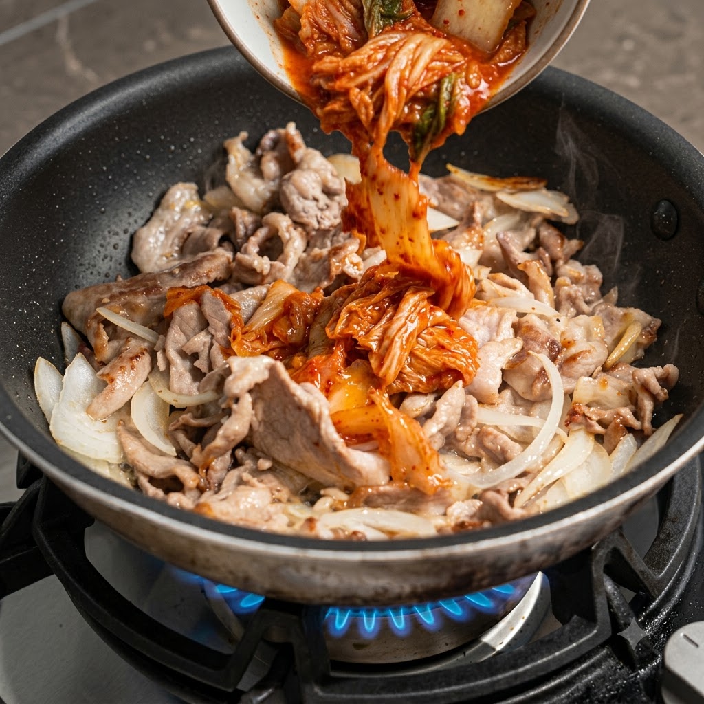 Kimchi rojo fermentado y su jugo siendo vertidos desde un tazón en una sartén con cerdo y cebollas salteándose.