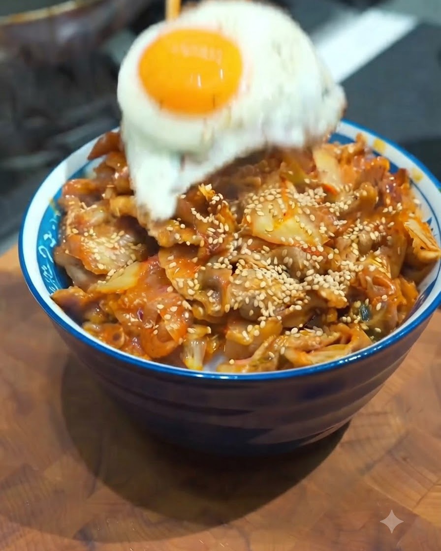 Un huevo frito recién cocinado siendo colocado suavemente sobre un tazón de arroz con cerdo y kimchi sabroso.