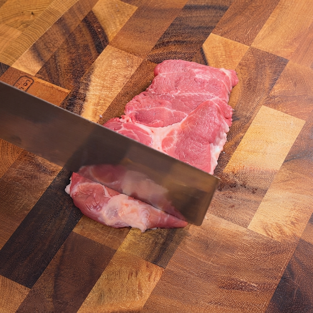 Un cuchillo de cocina golpeando chuletas de cerdo crudas en una tabla de cortar de madera para ablandarlas.