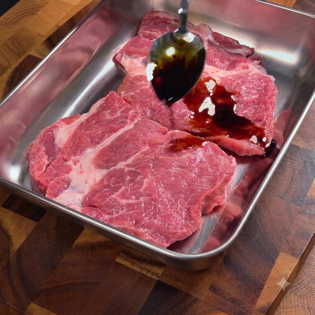Salsa de soja vertida desde una cuchara sobre chuletas de cerdo crudas en una bandeja de metal.