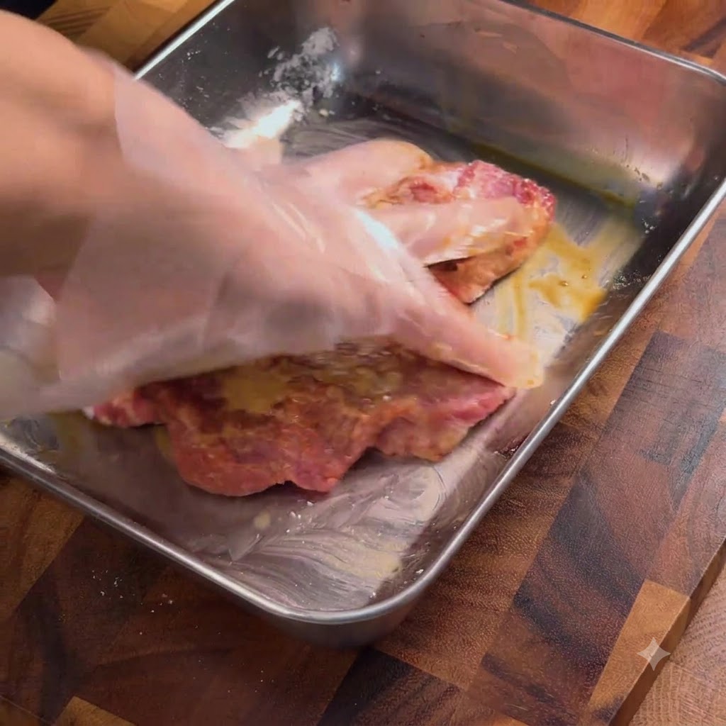 Una mano con guante masajeando y mezclando el adobo en las chuletas de cerdo dentro de una bandeja de metal.