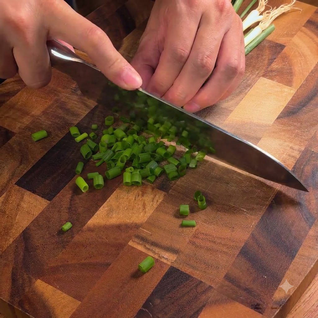 Un cuchillo de chef cortando cebollinos verdes frescos en trozos finos sobre una tabla de cortar de madera.