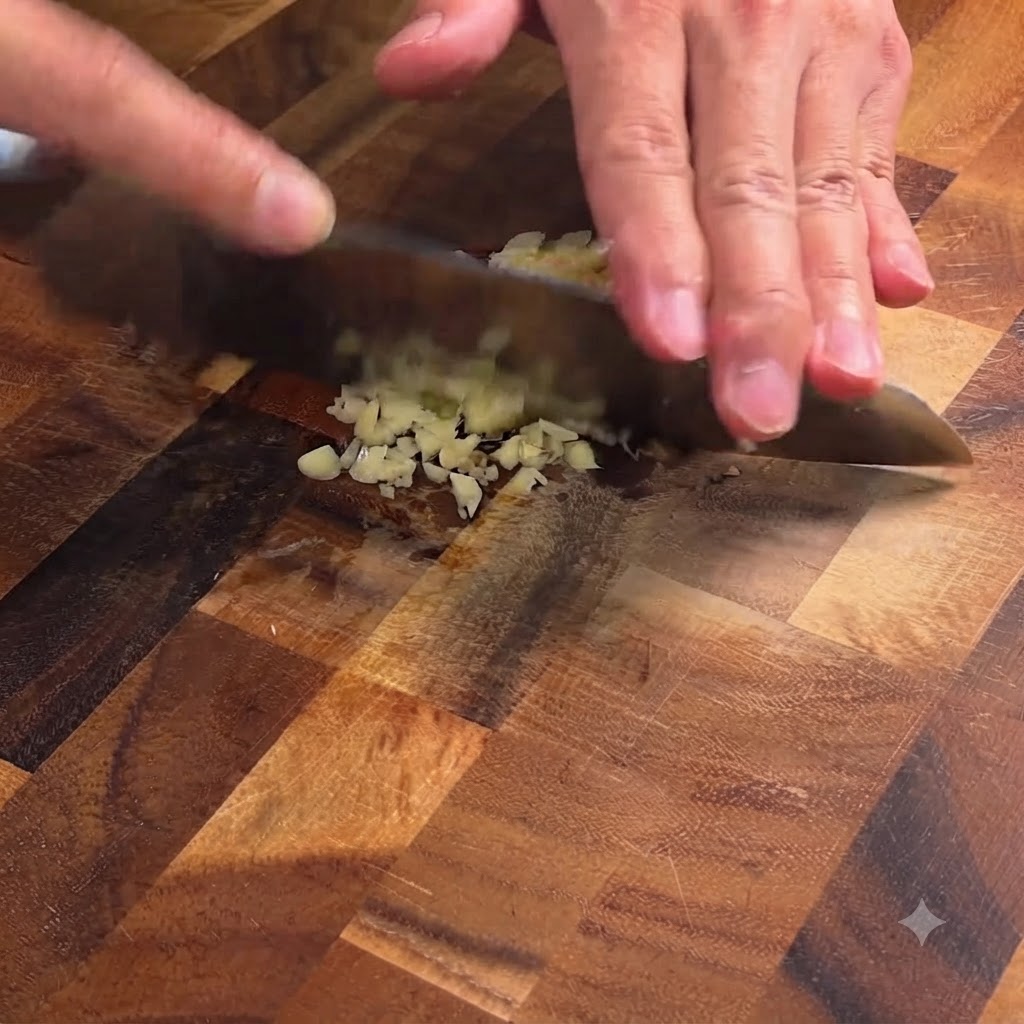 Dientes de ajo picados finamente con un cuchillo en una tabla de cortar de madera.