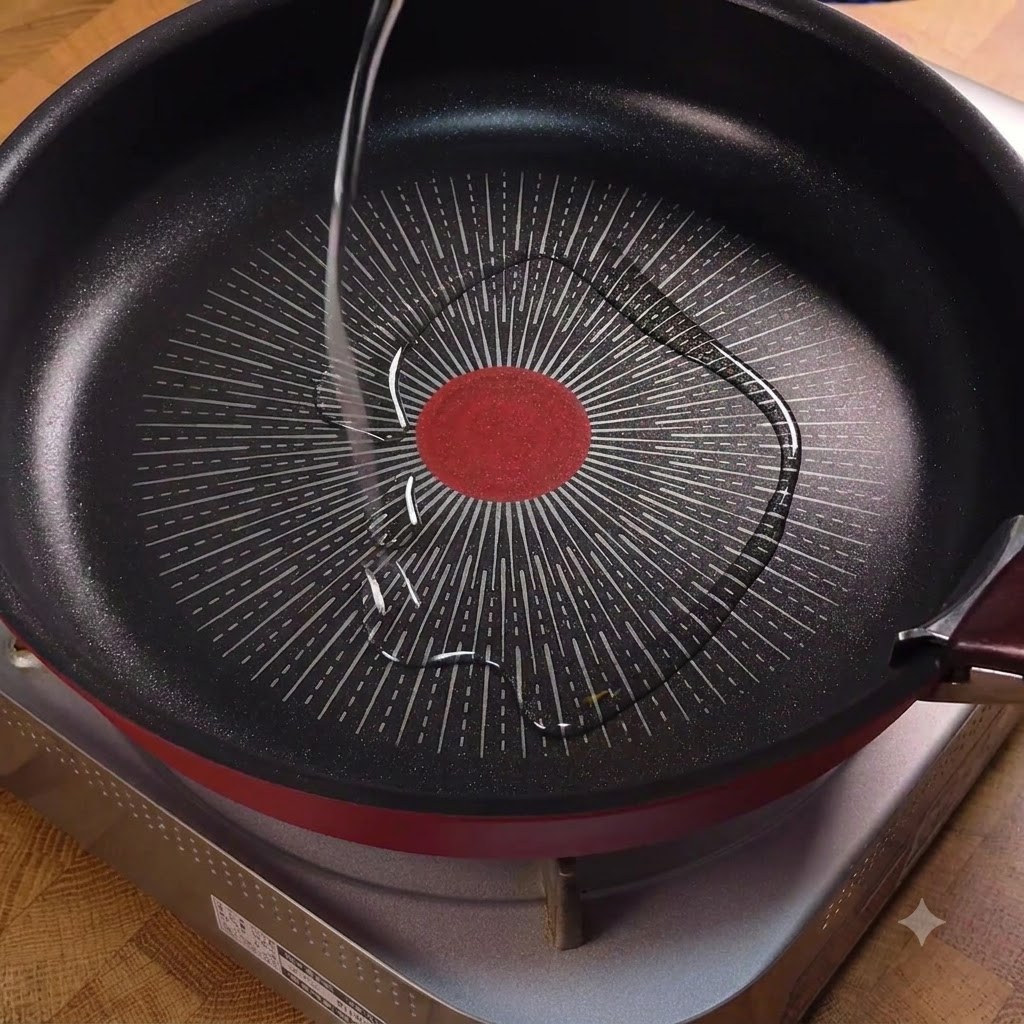 Aceite de cocina vertido en una sartén caliente antiadherente sobre una estufa.