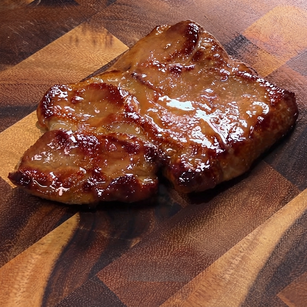 Una chuleta de cerdo cocida y caramelizada reposando en una tabla de cortar de madera, lista para ser cortada.