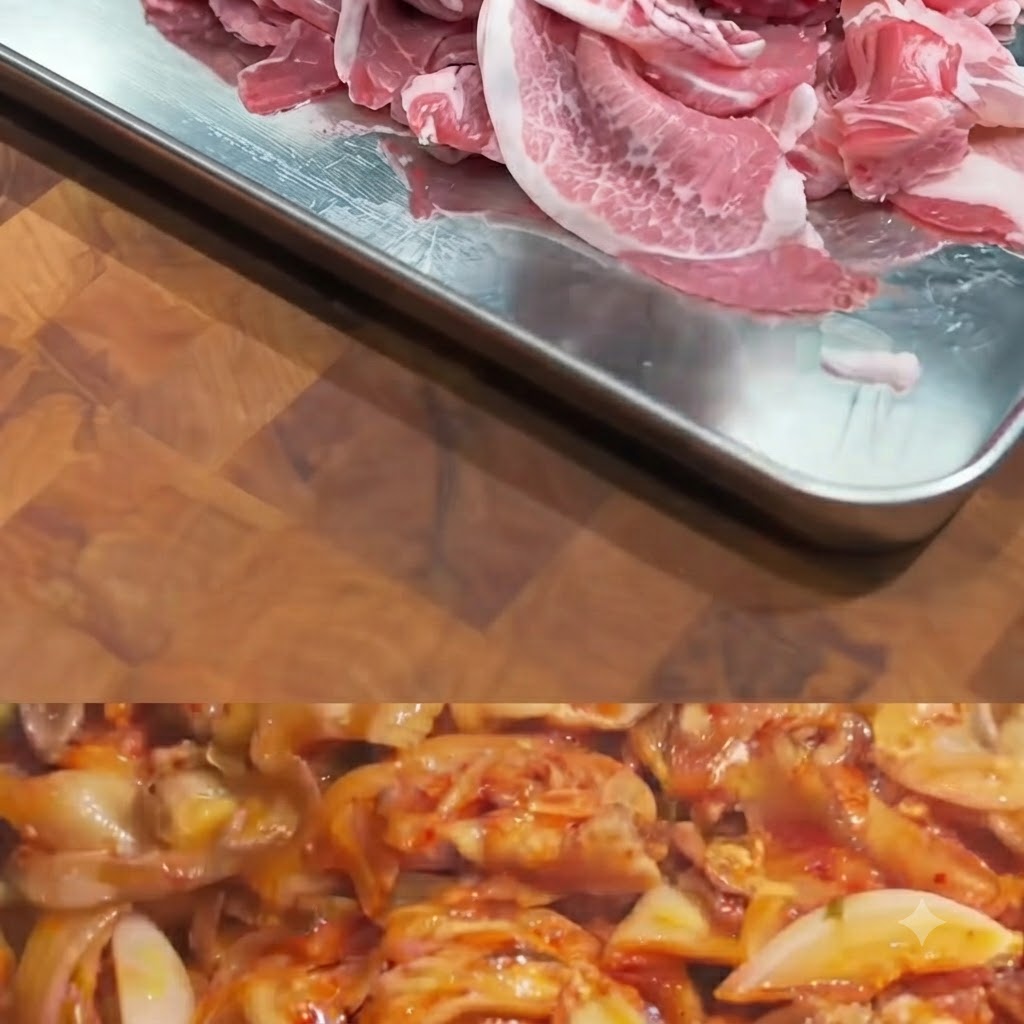 Trozos de cerdo en rodajas finas rebozados con harina en una bandeja.