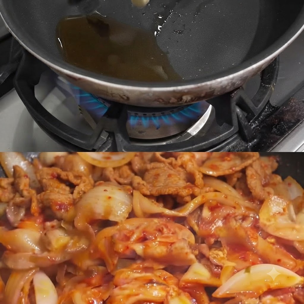 Rodajas de ajo friéndose en aceite caliente dentro de una sartén.