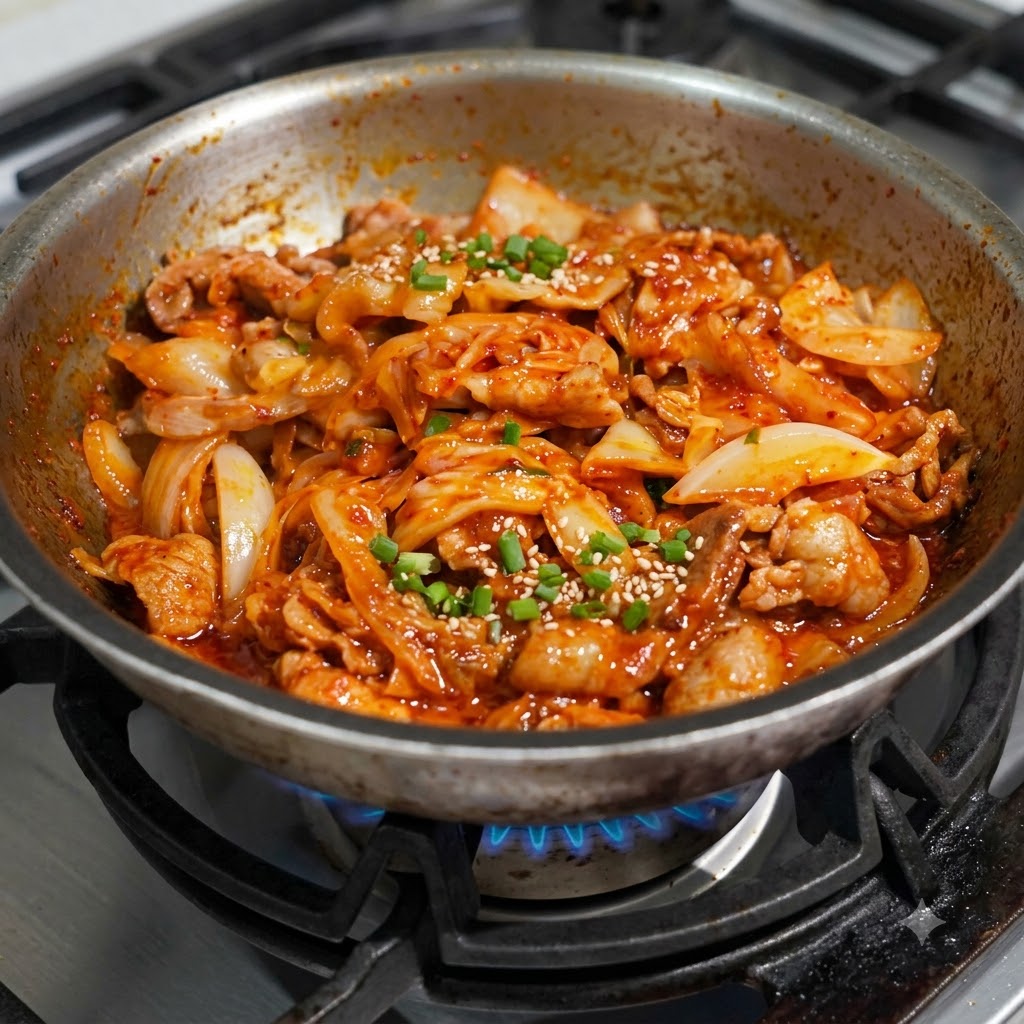 Kimchi picado mezclado con cerdo y cebollas en una sartén.