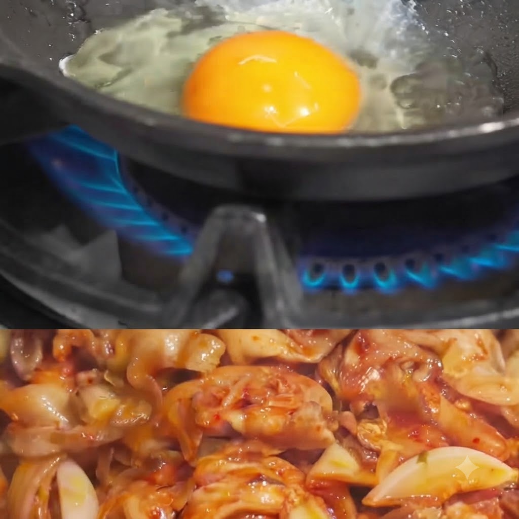 Un primer plano de un huevo crudo rompiéndose en una sartén caliente con aceite burbujeante sobre una llama de gas azul.