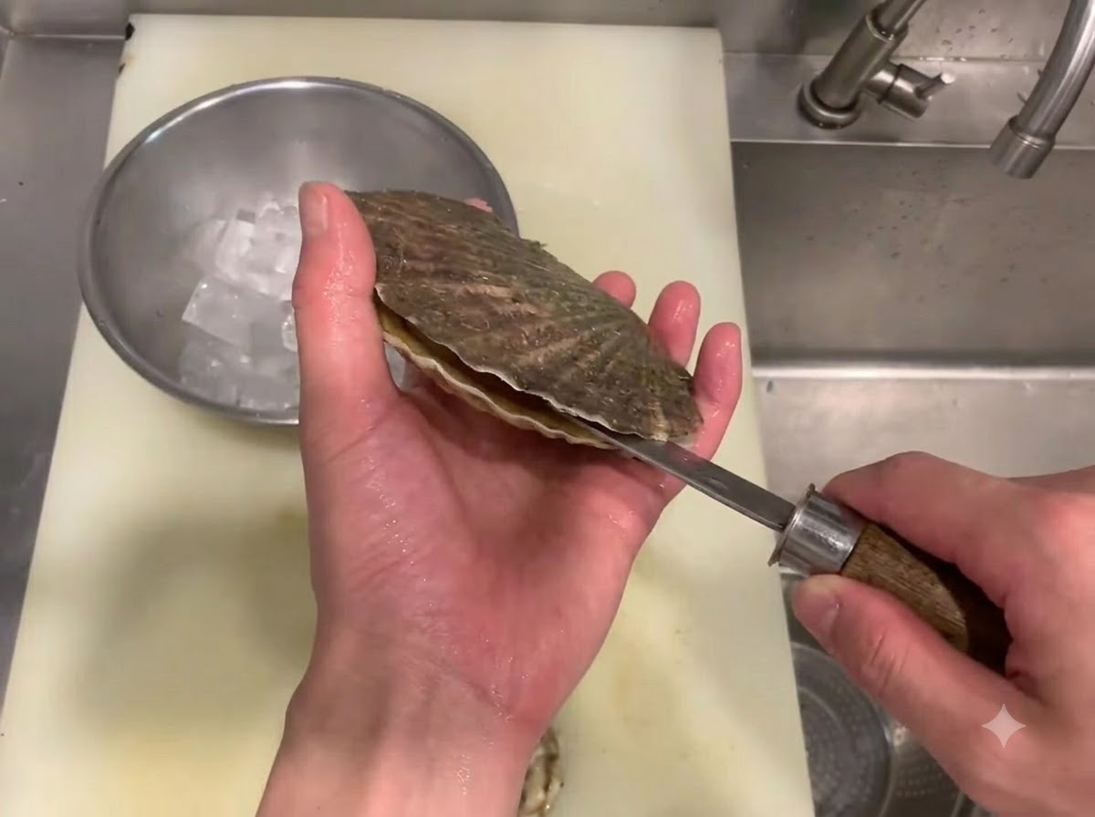 Una mano usando un cuchillo para abrir una concha de vieira cruda sobre una tabla de cortar y un bol con hielo.