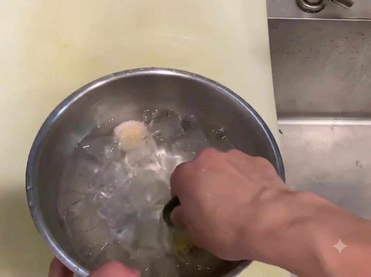 Una mano limpiando un músculo de vieira cruda dentro de un bol de metal lleno de cubitos de hielo y agua fría.