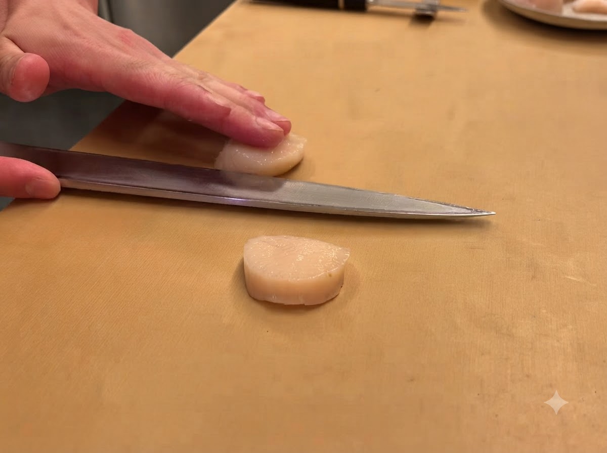 Un cuchillo afilado cortando un músculo de vieira cruda horizontalmente sobre una tabla de cortar de madera.