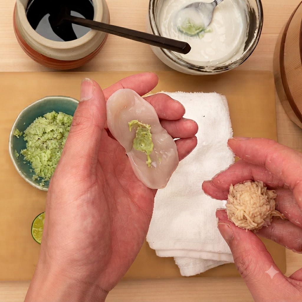 Manos sosteniendo una rodaja de vieira cruda con cortes y wasabi en una palma, y una bola de arroz para sushi preparada en la otra.