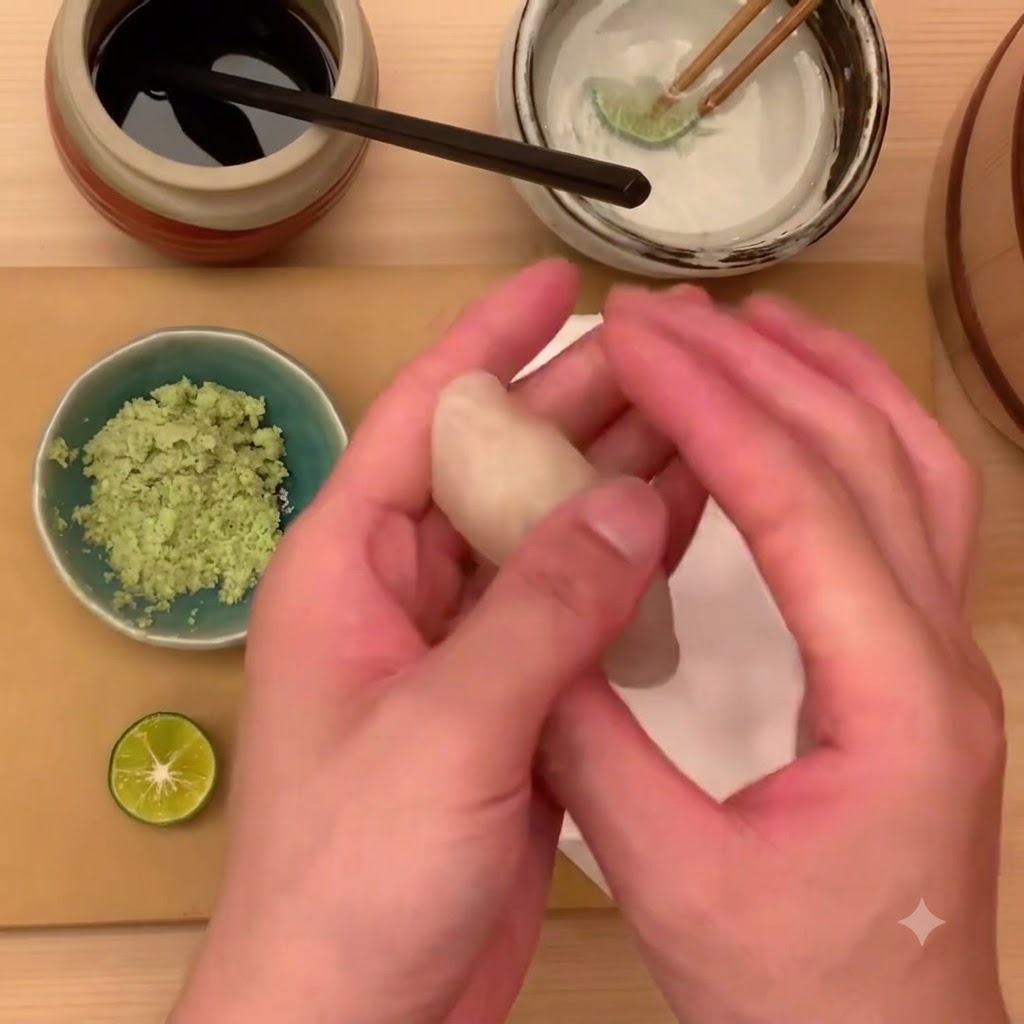Manos moldeando y dando forma a una pieza de sushi de vieira sobre una superficie de tela blanca.