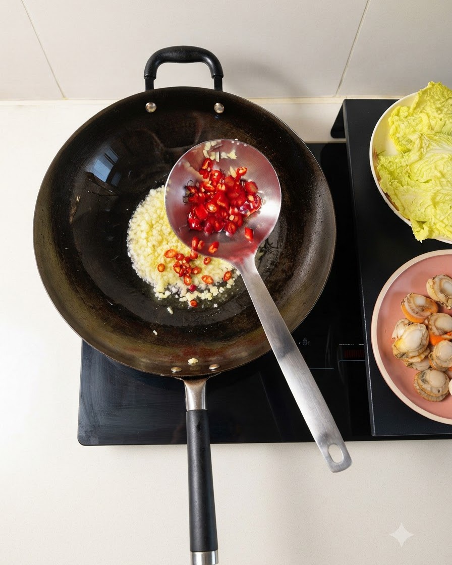 Chiles picados y ajo picado friéndose juntos en un wok caliente.
