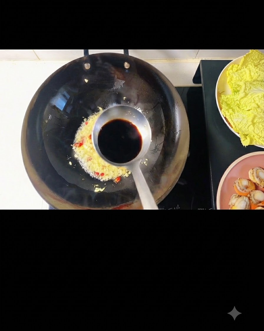 Salsa de soja y salsa de ostras siendo vertidas sobre la mezcla de ajo y chile en el wok.