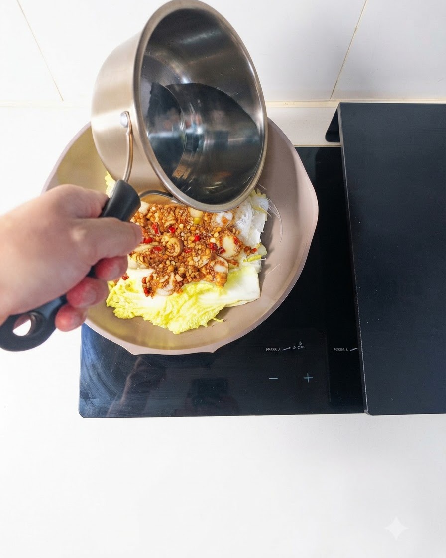 Un chorrito de agua siendo vertido en la sartén con las vieiras, los fideos y el repollo antes de tapar.