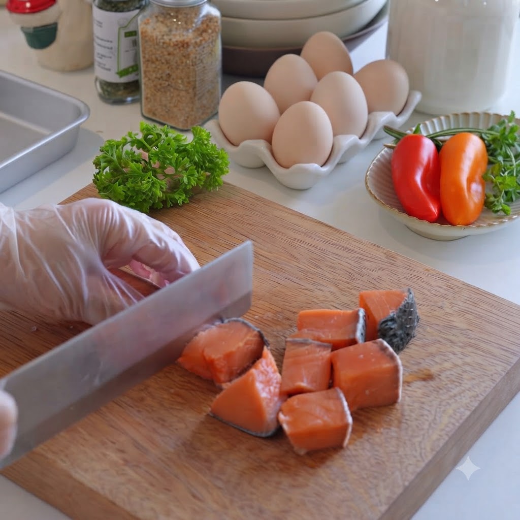 Una mano con guante usando un cuchillo para cortar salmón descongelado en cubos pequeños sobre una tabla de cortar de madera.