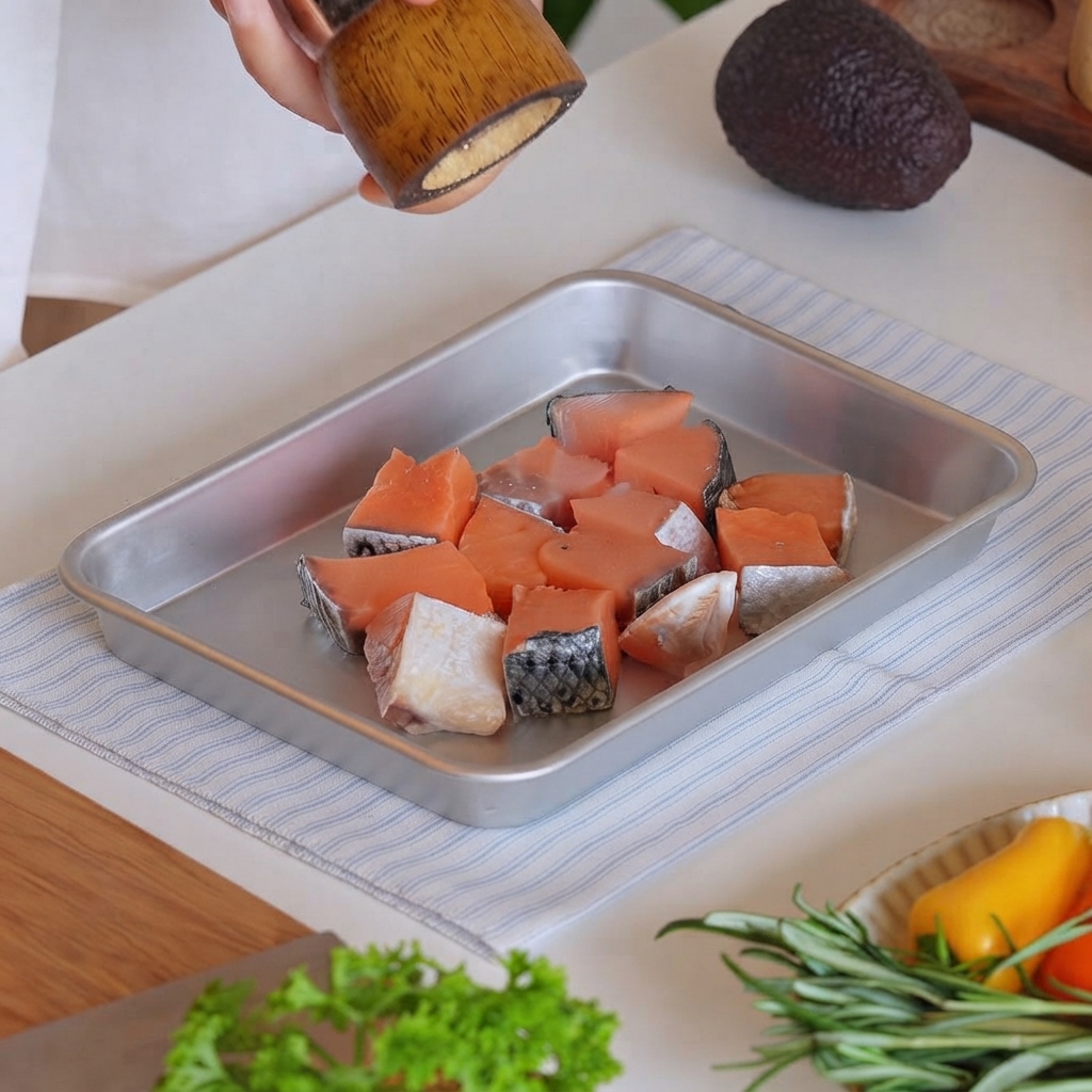 Cubos de salmón dispuestos en una bandeja de metal siendo sazonados con pimienta negra de un molinillo.
