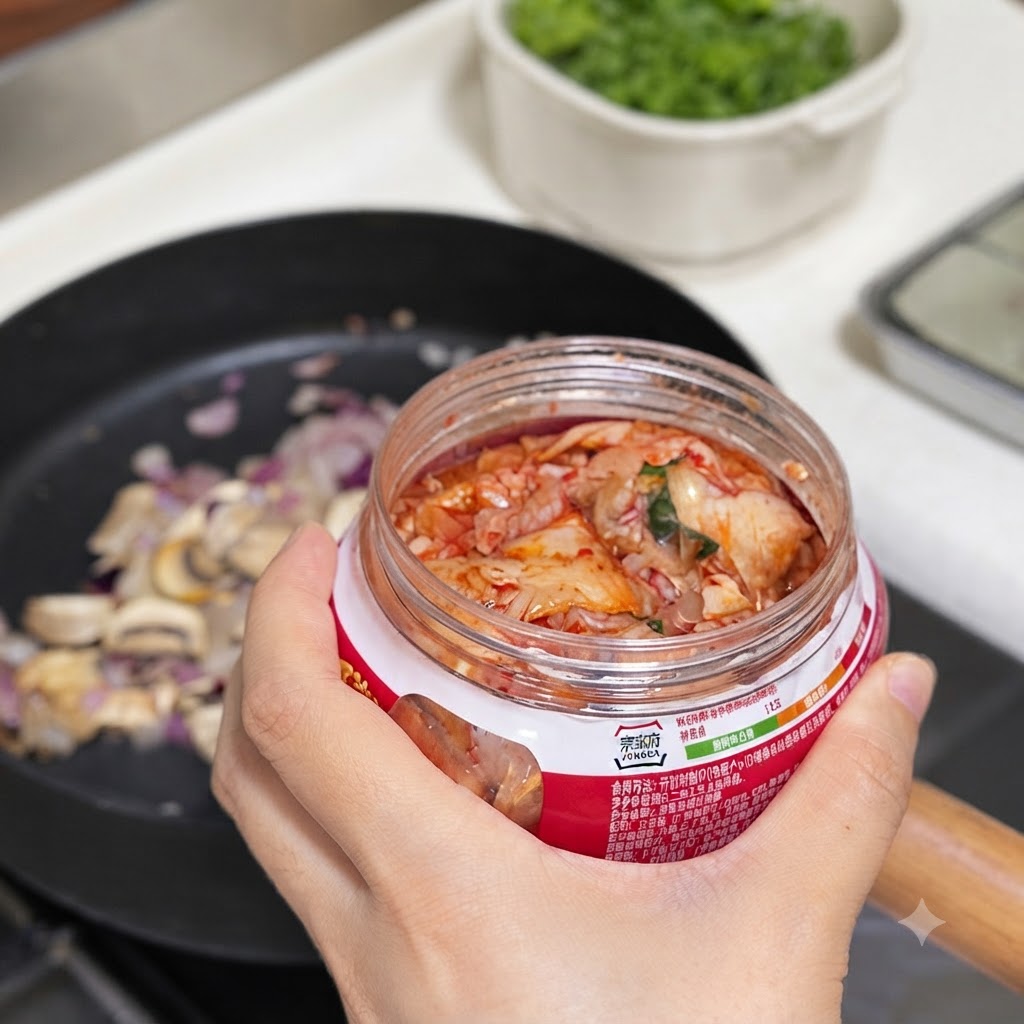 Una mano sosteniendo un frasco de kimchi sobre una sartén con champiñones y cebollas cortadas, mientras se añade salsa picante coreana y salsa de soja.