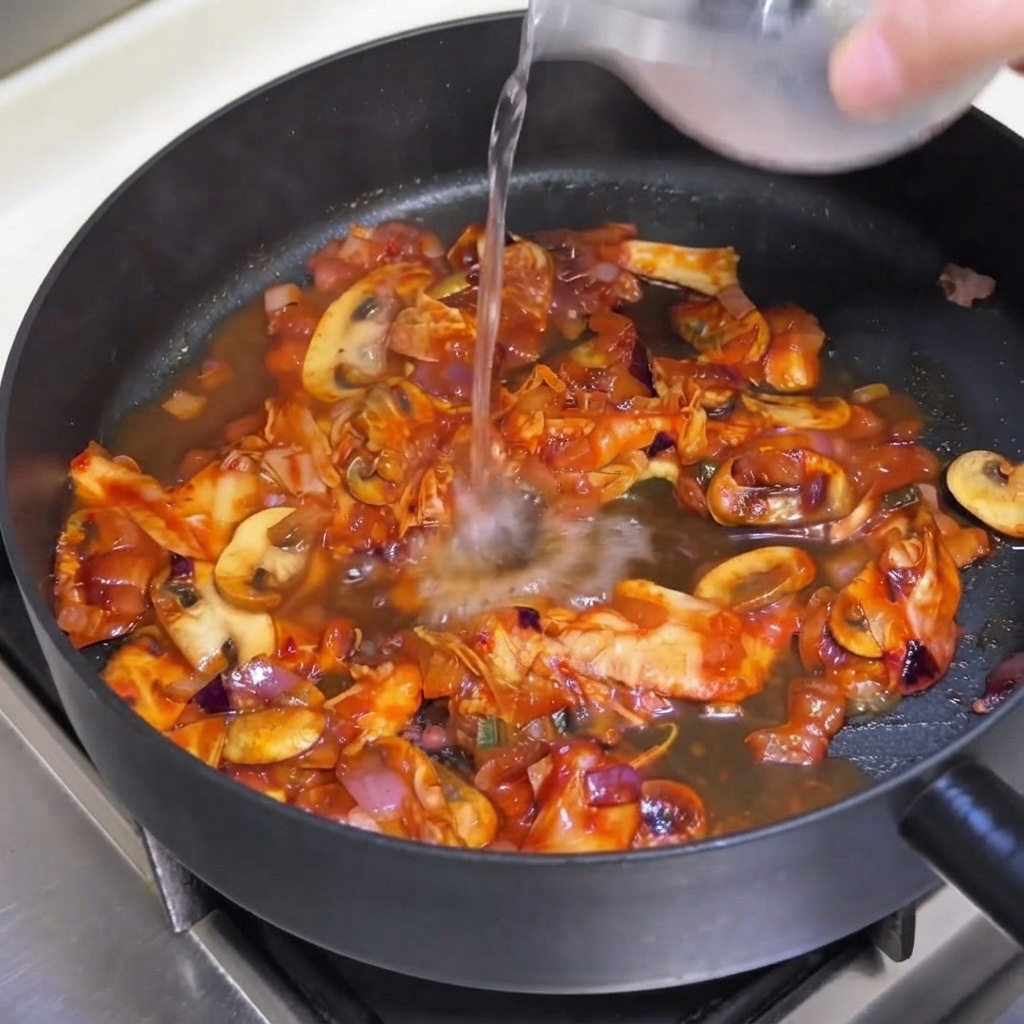 Un chorrito de agua siendo vertido desde un recipiente a una sartén con una mezcla de kimchi, champiñones y cebollas.