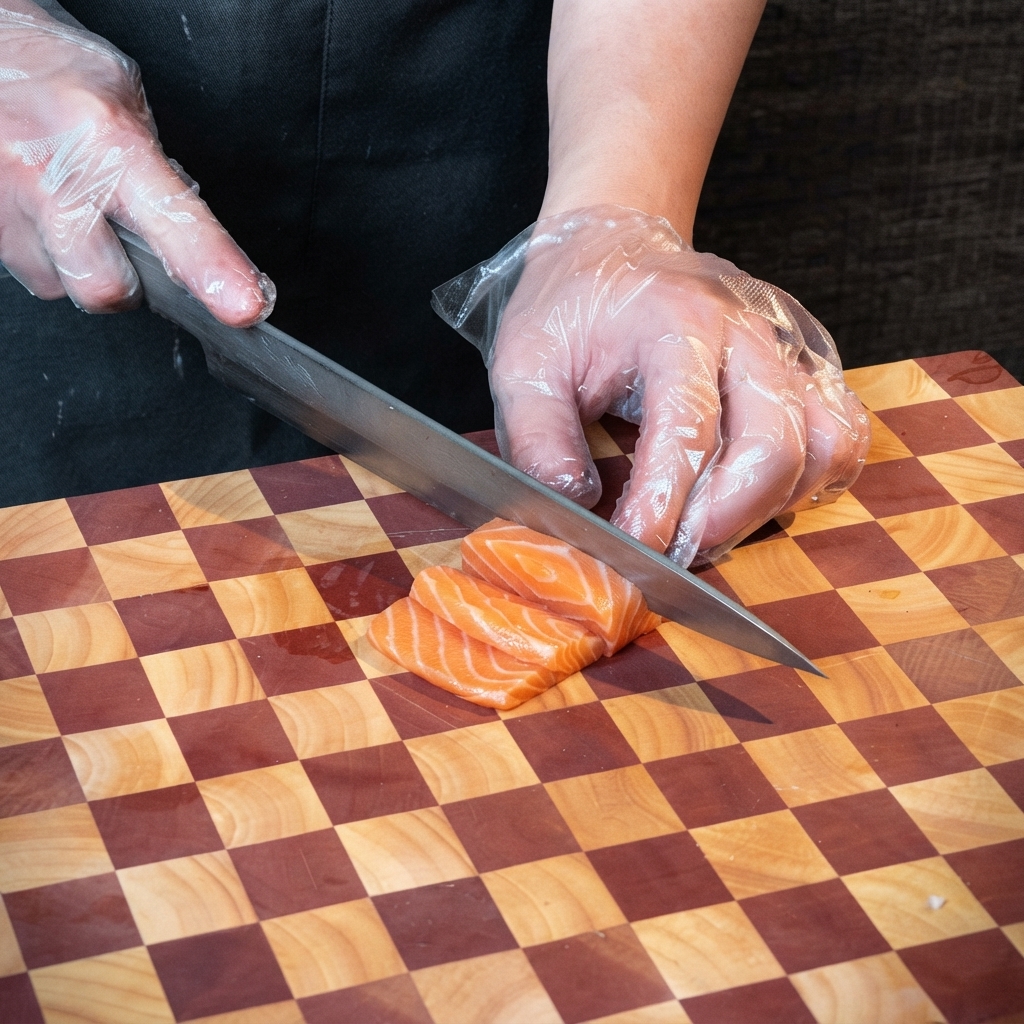 Un cuchillo de chef afilado cortando un filete de salmón fresco en una tabla de cortar de madera.