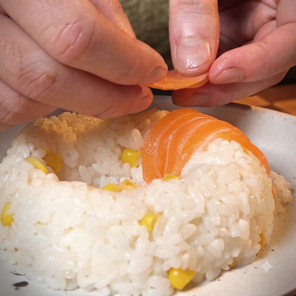 Un par de manos acomodando ordenadamente trozos de salmón en rodajas en círculo sobre un montículo de arroz en forma de anillo.