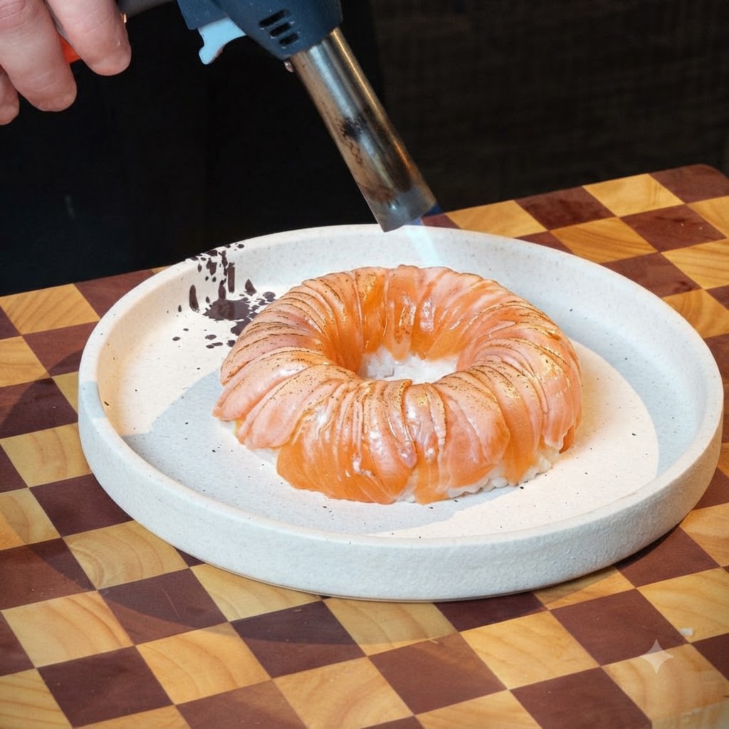 Un soplete de cocina dorando la superficie de rodajas de salmón dispuestas en un anillo sobre un plato blanco.