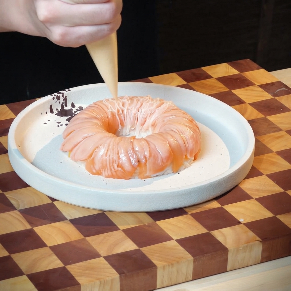 Una manga pastelera exprimiendo líneas de salsa sobre un anillo de arroz con salmón aburi en un plato de cerámica.