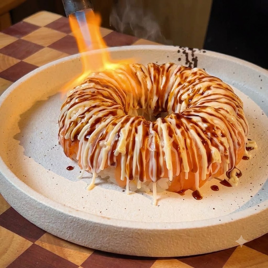 Un soplete caramelizando las salsas en capas sobre un anillo de arroz con salmón hasta que burbujeen y se quemen ligeramente.