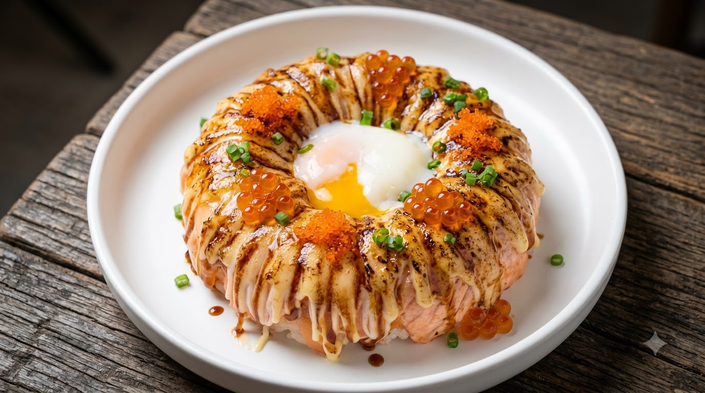 Un primer plano de un anillo de arroz con salmón aburi cubierto con salsa de anguila dulce, mayonesa cremosa y un huevo de aguas termales.
