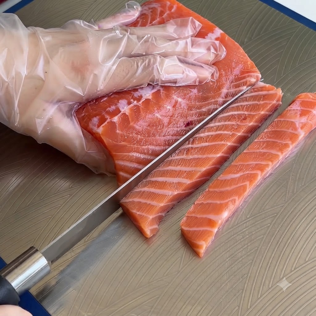 Una mano con guante de plástico usando un cuchillo afilado para cortar un filete de salmón en cubos pequeños sobre una superficie metálica.