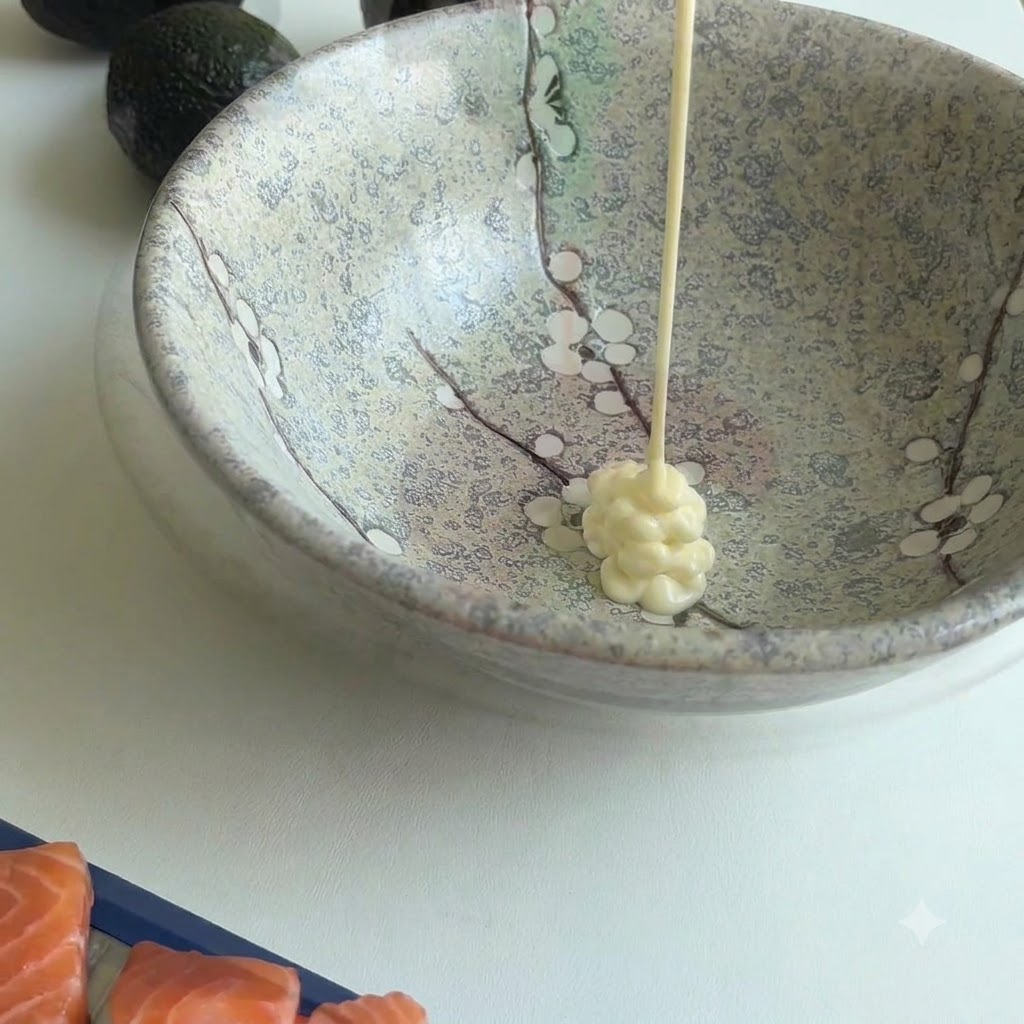 Mayonesa siendo exprimida en el centro de un tazón de cerámica estampado con otros ingredientes cerca.