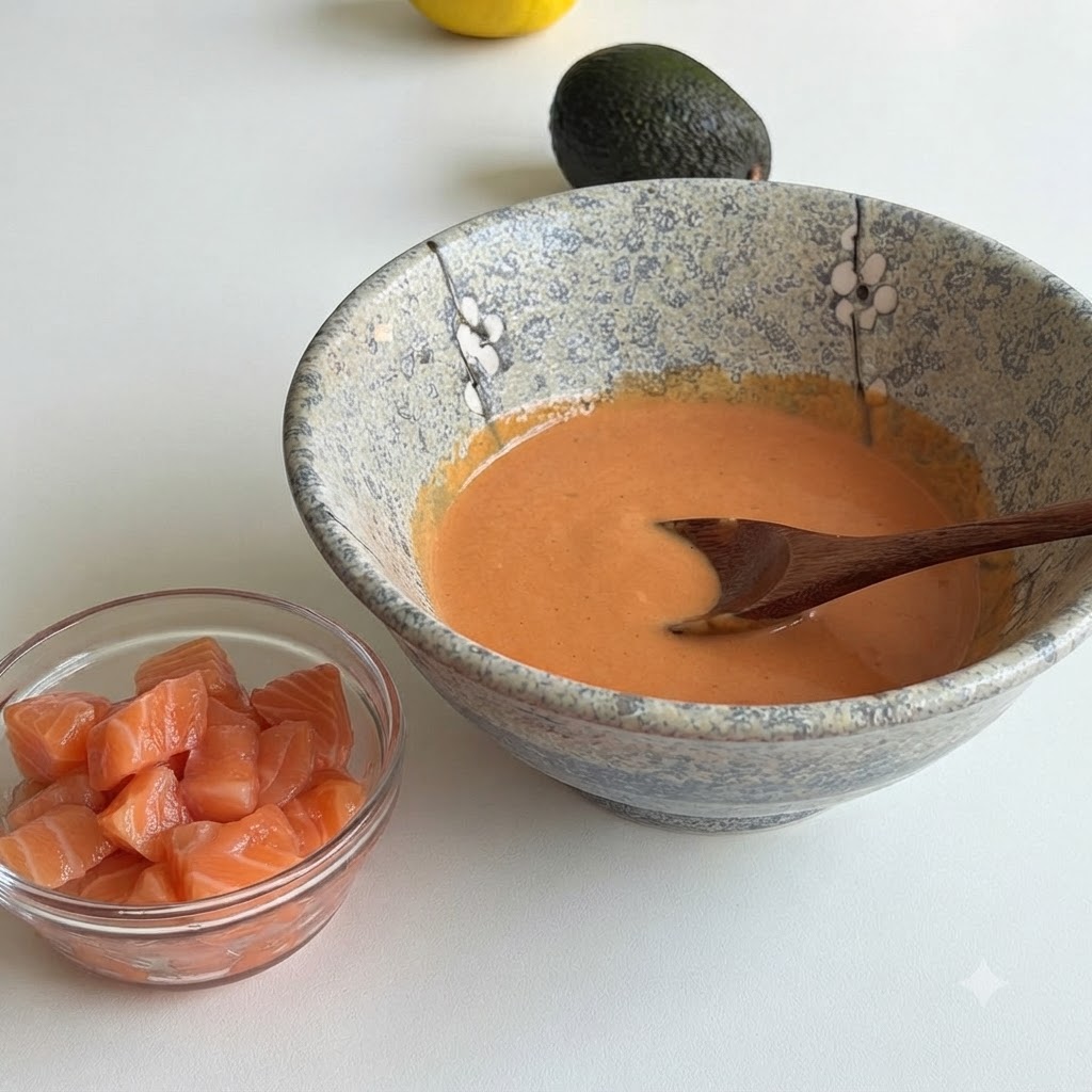 Un pequeño tazón de vidrio lleno de salmón crudo en cubos junto a un tazón de cerámica más grande lleno de la salsa naranja preparada.