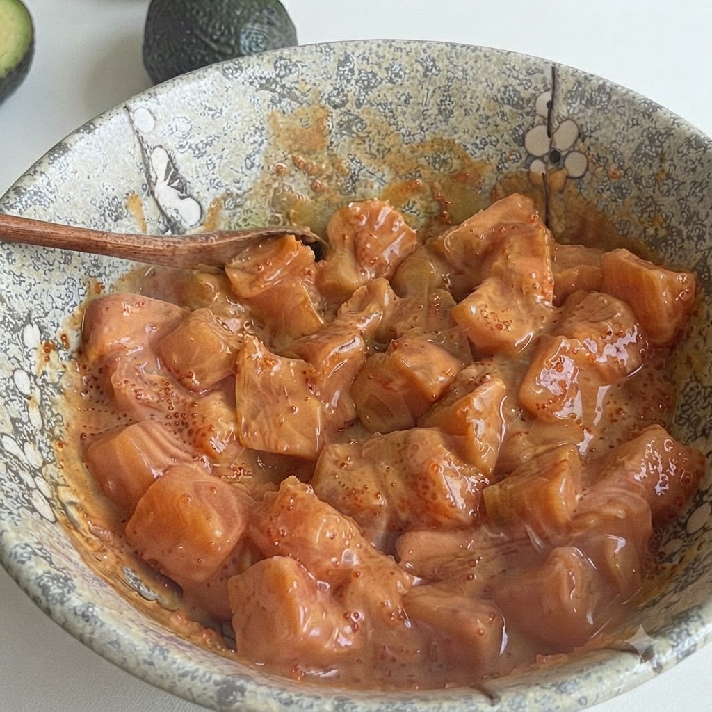 Cubos de salmón mezclados a fondo con salsa y hueva de pescado dentro de un tazón de cerámica estampado con una cuchara de madera apoyada en el borde.