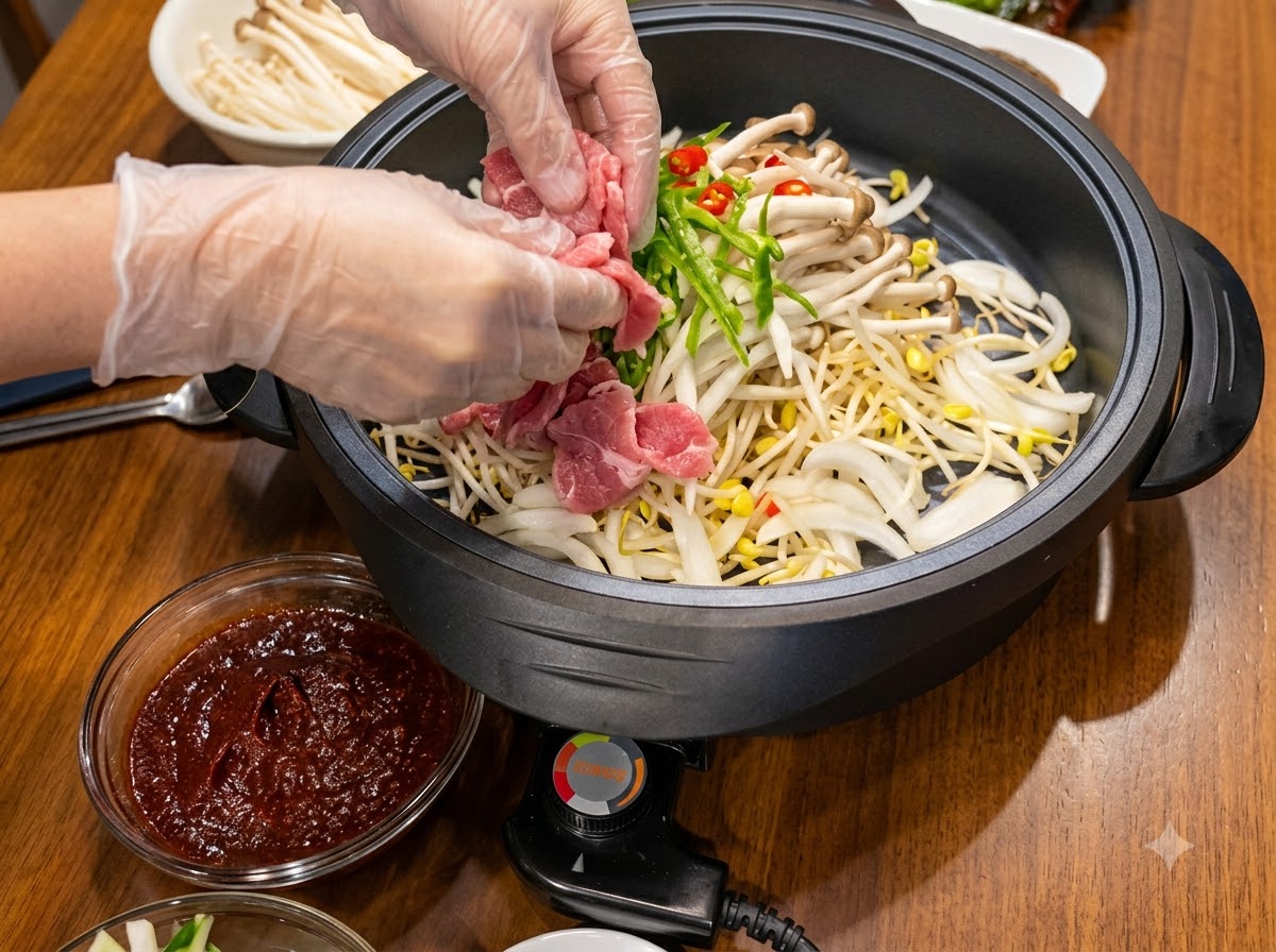 Manos con guantes protectores organizando carne cruda en rodajas alrededor de los bordes de una sartén llena de verduras.