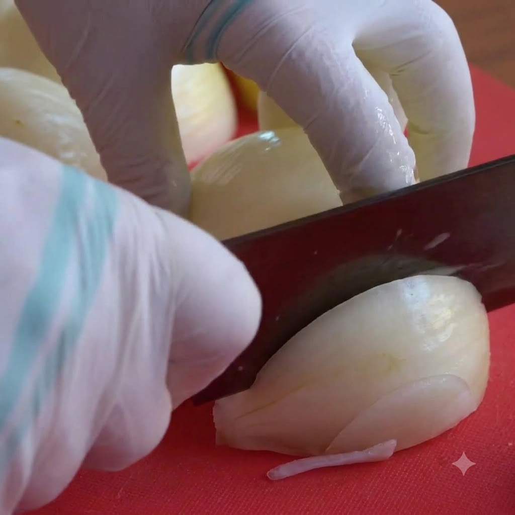 Primer plano de cebollas cortadas de manera uniforme en tiras finas sobre una tabla de cortar roja usando un cuchillo grande.