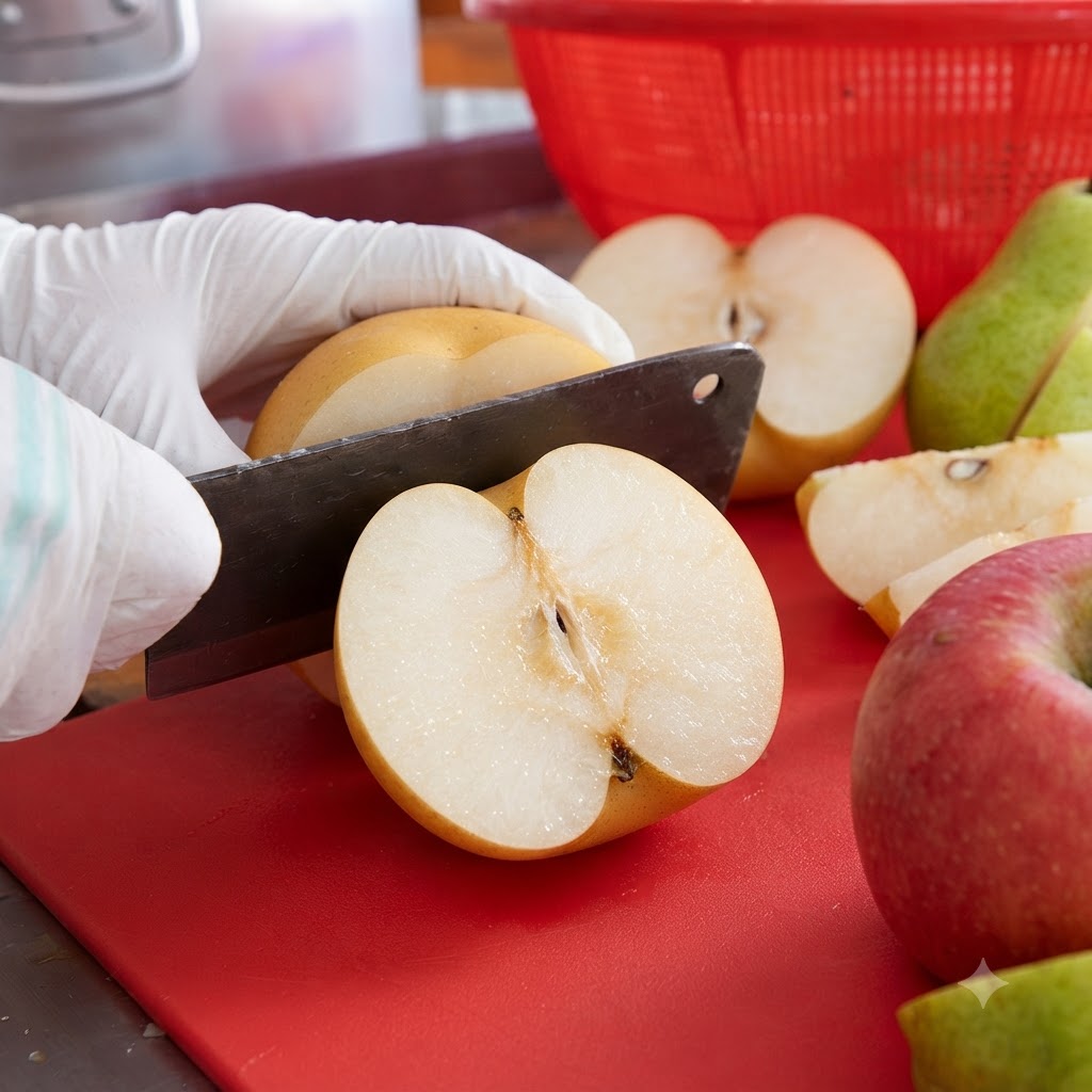 Manzanas y peras cortadas por la mitad en una tabla de cortar roja junto a una olla y un colador.