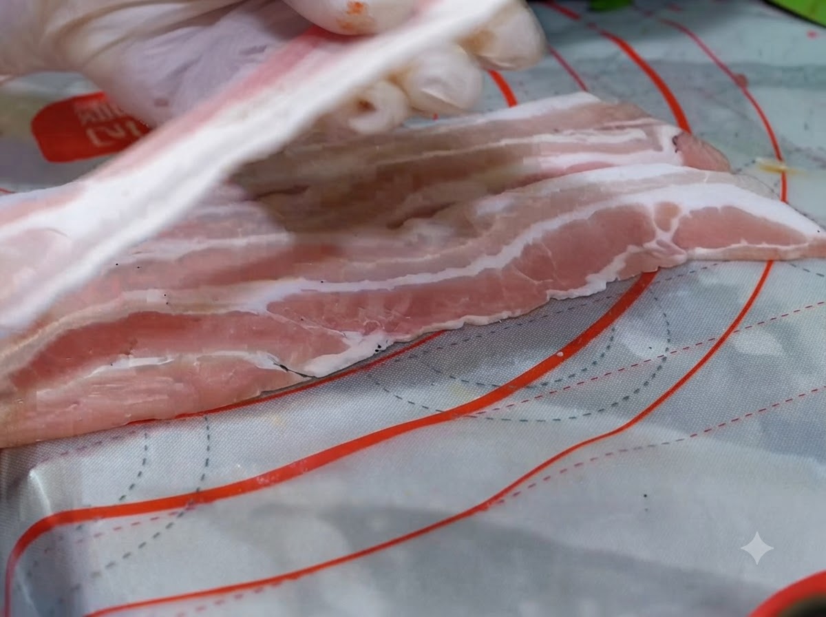 Rodajas gruesas de panceta de cerdo cruda dispuestas planas con pimienta negra espolvoreada encima.