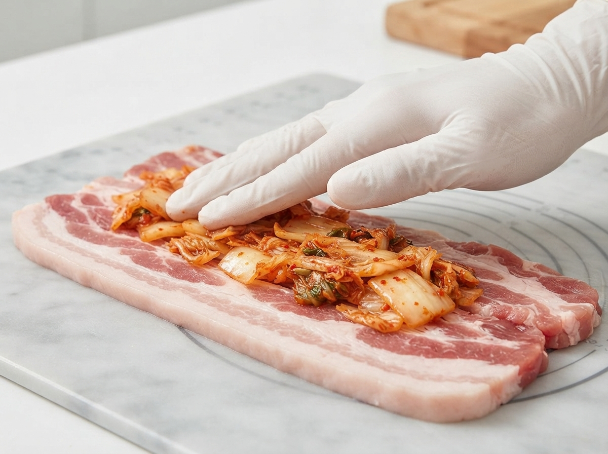 Kimchi picante siendo colocado en el centro sobre rodajas gruesas de panceta de cerdo en una tabla de mármol.