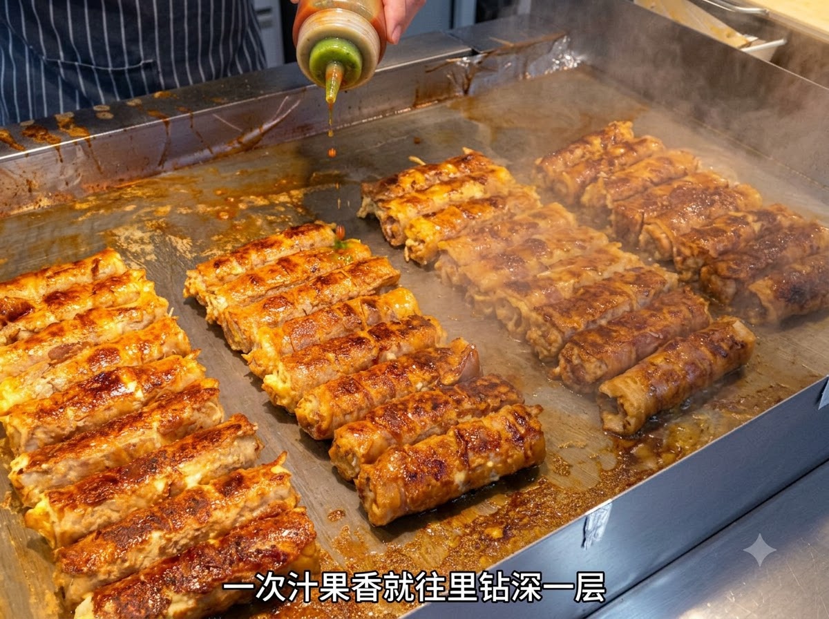 Tiras de cebolla salteada siendo esparcidas sobre los ingredientes del rollito de panceta de cerdo.