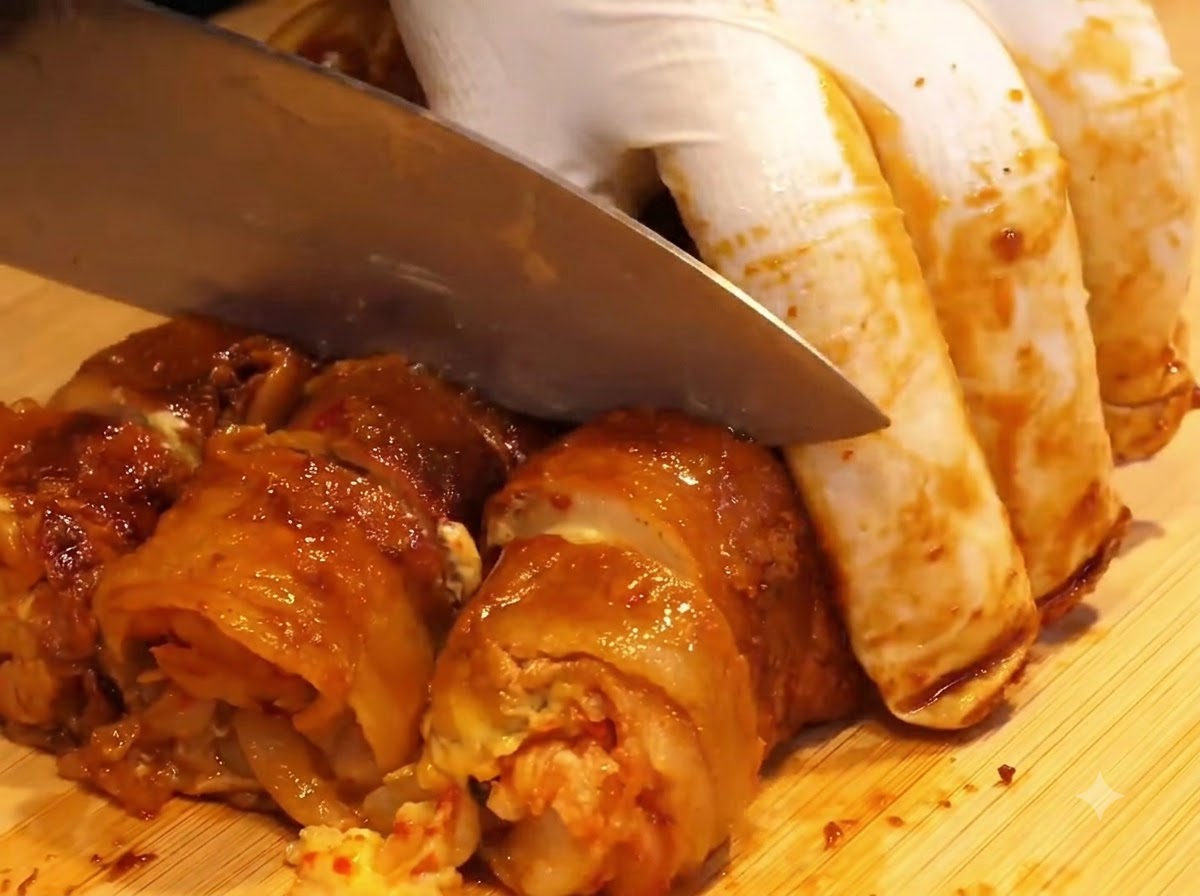 Rollos de carne ensamblados dispuestos en filas ordenadas sobre una plancha de hierro caliente.