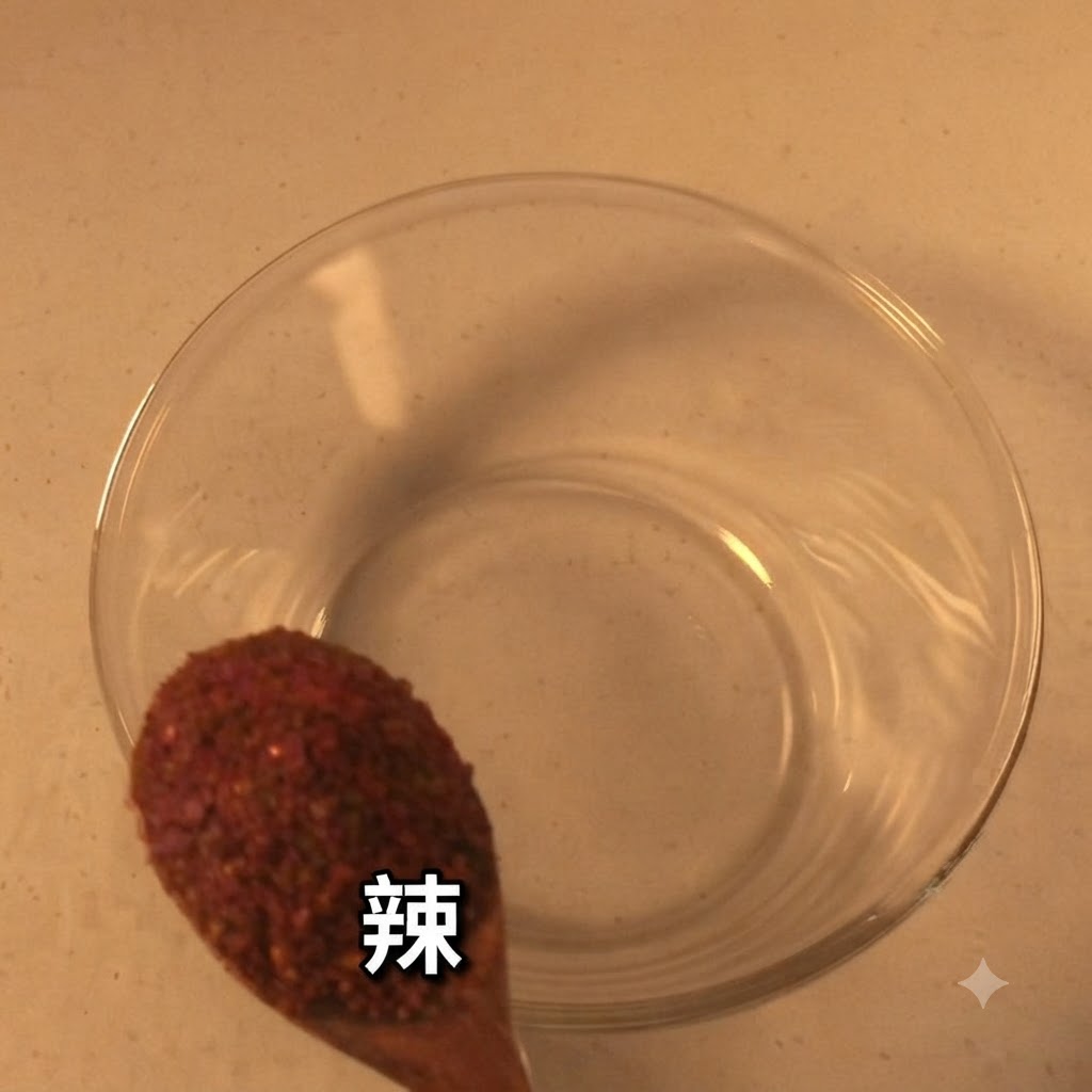 Una cucharada de chile rojo en polvo grueso sostenida sobre un bol de cristal vacíocite: 1.