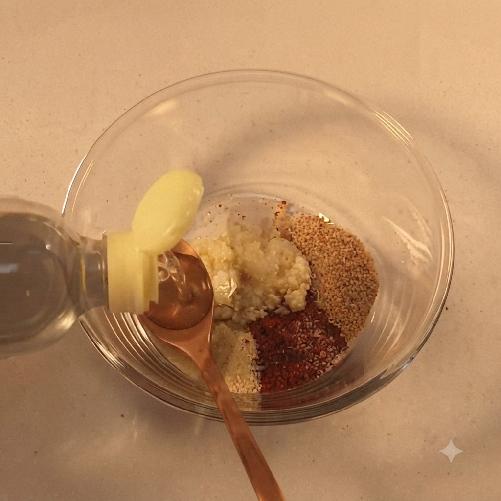 Una botella vertiendo líquido de cocina en una cuchara medidora que descansa dentro de un bol de cristal con condimentos secoscite: 1.
